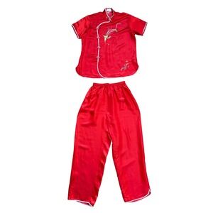 Vtg Golden Dragon Chinese Red Silk Blend Pajama Set Phoenix Embroidery 2pc